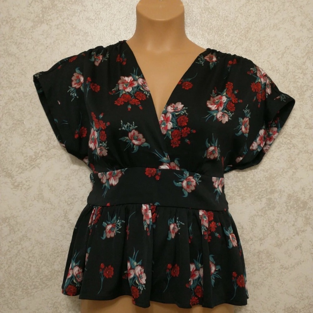 Express Black Blouse with Red and White Floral Design